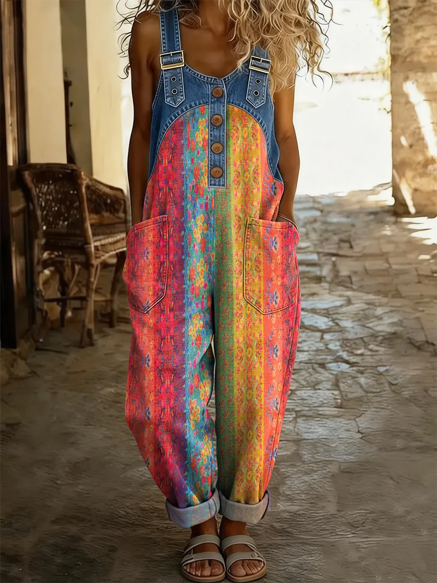Women's Bohemian Art Print Patchwork Jumpsuit